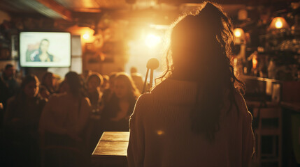 expressive image of a young person performing poetry with a captivated audience