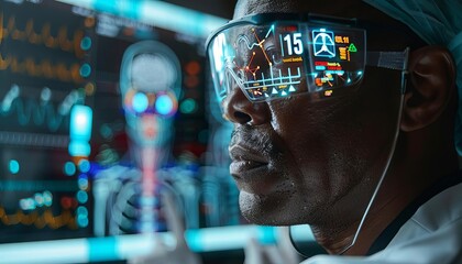 A surgeon in an operating room using augmented reality to display vital patient stats and anatomical diagrams during a procedure, Close up
