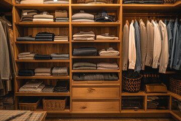 A walk-in closet filled with various clothing items neatly organized on shelves and hangers