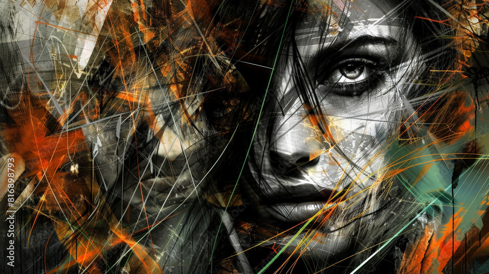Poster This abstract painting depicts a womans face with bold, colorful strokes that convey emotion and depth. The features are distorted and fragmented, creating a sense of mystery and introspection