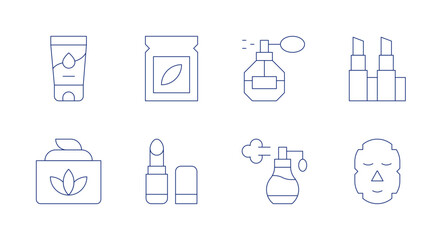 Cosmetics icons. Editable stroke. Containing cream, aloevera, lipstick, sheetmask, parfume, perfume, sample.