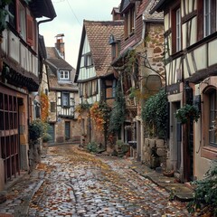 Obraz premium A cobblestone street in a historic European town, with charming old buildings