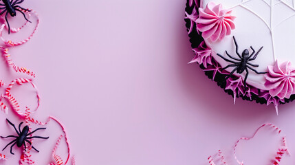 Flatlay Halloween buttercream frosting cake with spiders for spooky event purple black pastel goth background bakery banner cooking recipe blog above mock up kawaii cute chic decorating copy space