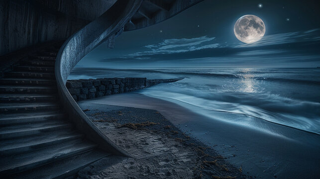 Serene double exposure combining a curved staircase with the gentle waves of a moonlit beach.