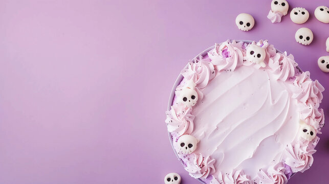 Flatlay Halloween cute pastel skull swirl cream cake pie with frosting icing blank blue background for kawaii October 31st party bakery banner recipe decorating mockup empty center for words font