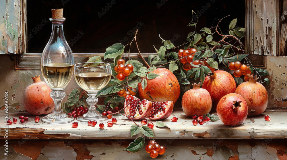 Poster a painting depicting ripe pomegranates and a bottle of wine resting on a window sill. the vibrant re