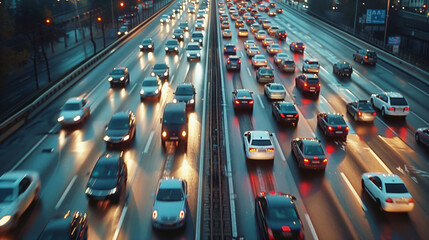 Evening traffic on a busy multi-lane highway with numerous cars and vehicles. The wet road reflects vehicle headlights and taillights, adding a dynamic feel.