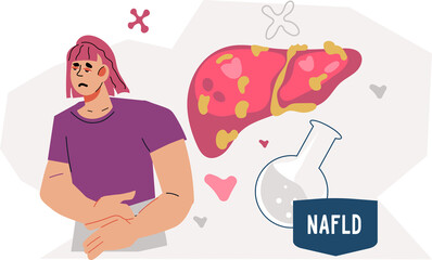 Non-alcoholic fatty liver disease NAFLD causes, symptoms, and treatment options. Banner template for Fatty liver disease, nonalcoholic steatohepatitis concept.