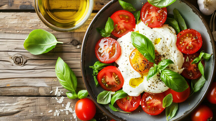 A fresh Caprese salad with ripe cherry tomatoes, creamy mozzarella, and vibrant basil leaves, drizzled with olive oil and seasoned with black pepper, on a rustic wooden table. - Powered by Adobe