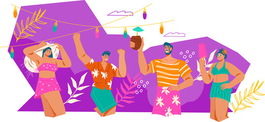 Pool and beach party, summer vacation and fun banner. Happy people in summer beach clothes celebrating and having fun.