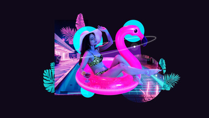 Contemporary art collage. Woman in swimsuit sitting in glowing pink flamingo float against black...