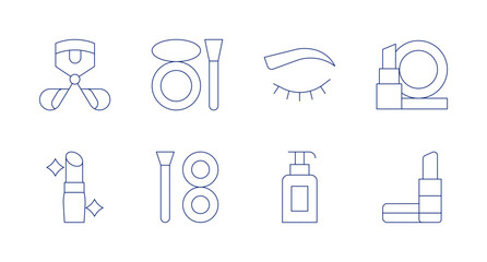Cosmetics icons. Editable stroke. Containing eyelashcurler, lipstick, makeup, lotion, eyebrow, cosmetics.