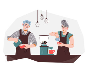 Coffee shop staff, barista - man and woman making coffee, flat vector illustration isolated on white background. Coffee house emblem or design element.