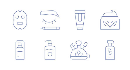 Cosmetics icons. Editable stroke. Containing foam, makeup, mask, lotion, bbcream, eyebrow, cream.