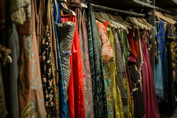 Closeup of a vibrant selection of dresses hanging on a store rack, showcasing diverse patterns and fabrics
