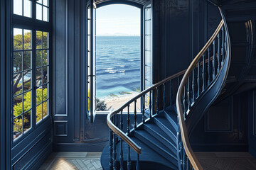 Navy blue winder staircase in a seaside villa, viewed from above with ocean through windows.