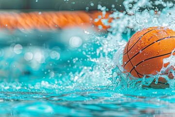 Splashing water around orange basketball in blue pool