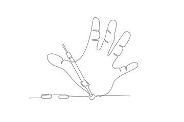 Hands that will pounce on drug injectors.Anti drug day one-line drawing