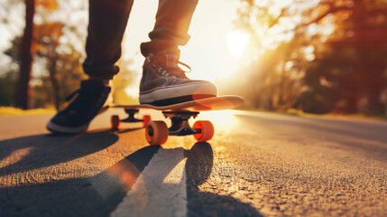 Close-up of a person skateboarding on a paved road during sunset, featuring a dynamic and warm atmosphere with shadows and sun flares.