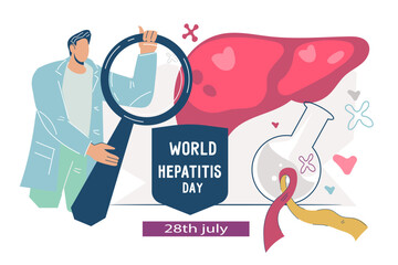 Hepatitis World Awareness Day flyer or web banner, presentation page template, flat vector illustration. Hepatitis medical information, liver health and preventing hepatitis disease.