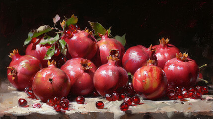 A painting depicting ripe pomegranates placed on a wooden table. The vibrant red fruits contrast with the muted background, showcasing their rich color and texture