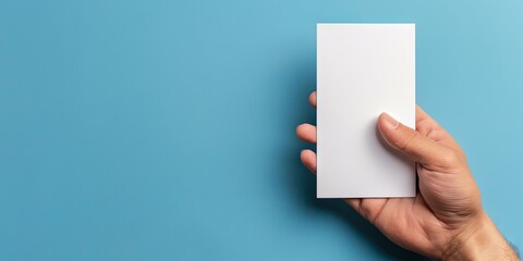 Hand holding blank white card on blue background