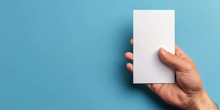 Hand holding blank white card on blue background