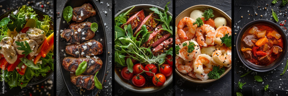 Poster a series of plates arranged with different types of food, showcasing a variety of dishes such as sal