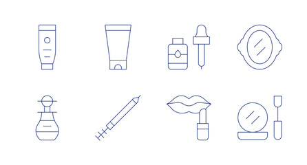 Cosmetics icons. Editable stroke. Containing perfume, cream, mirror, makeup, lipstick, serum, eyebrow.