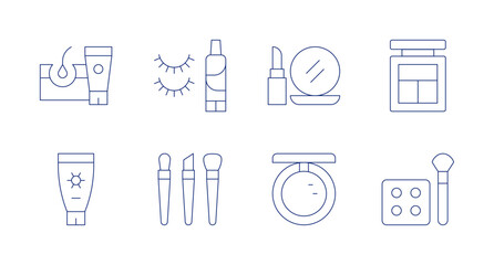 Cosmetics icons. Editable stroke. Containing sunscreen, skintreatment, eyeshadow, makeup, foundation, eyelash, brushes.