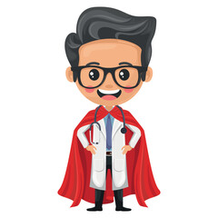 Doctor hero cartoon character with a stethoscope wearing his superhero cape. Health superhero fighting virus and diseases. Health and medicine concept. Research, science and technology in health