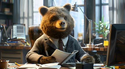 Bear Wage Earner Doing Office Work