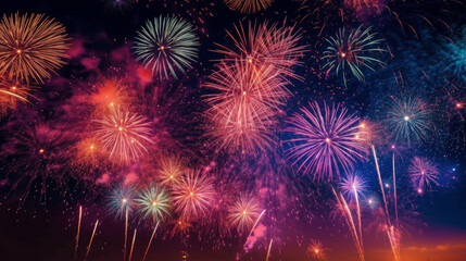 Obraz premium Multicolored fireworks explode against a dark sky, illuminating the night with vibrant bursts of light