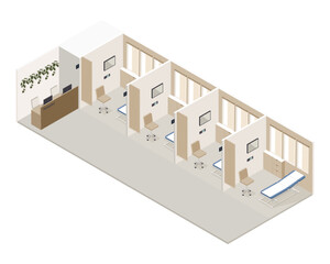 Vector isometric low poly minimalistic medical clinic interior with various furniture. Modern vector illustration. Shared hospital room and reception desk.