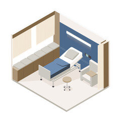 Vector isometric low poly minimalistic medical clinic interior with various furniture. Modern vector illustration. Hospital room.