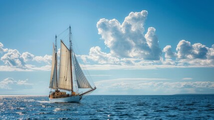 Fototapeta premium A large sailboat is sailing in the ocean on a sunny day