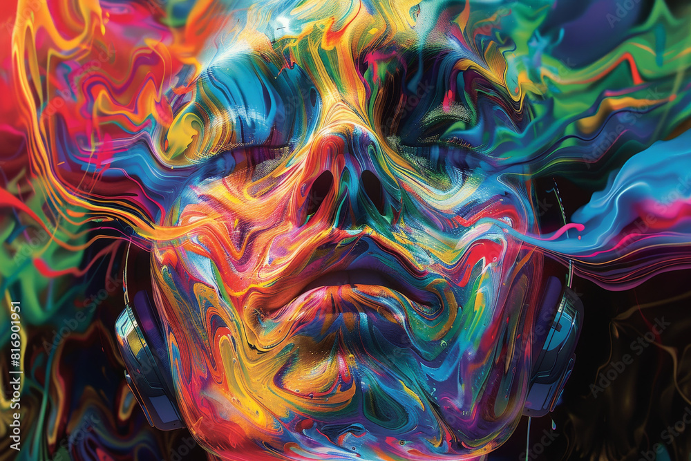 Poster a vibrant painting depicting a womans face with headphones in intricate details and a range of color