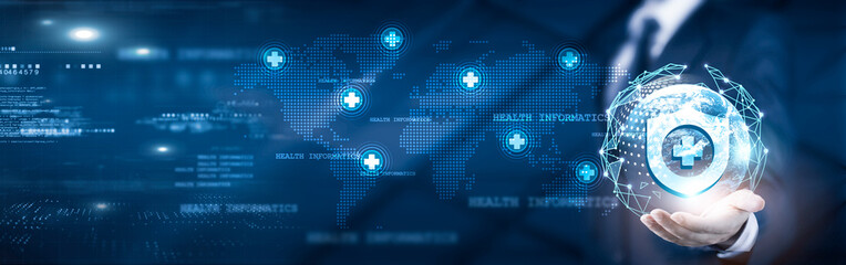 Businessman holding global network connection on health IT and data-driven healthcare analytics, innovative strategy and patient-centric solutions, cutting-edge technology and global healthcare.