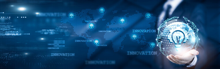 Innovation, Businessman holding global network connection on Innovation Trends and Market Insights, strategic planning and implementation, cutting-edge Technology, and global Expansion.