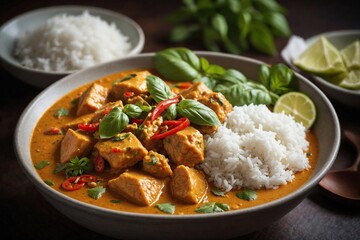 Thai Fish Curry, A bowl of rich and aromatic Thai fish curry, garnished with fresh basil and served with steamed jasmine rice
