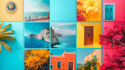 A colorful background showcasing a collage of different places, ranging from iconic landmarks to natural wonders. Each picture captures a unique location, creating a visually stimulating display