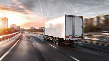 A white delivery truck drives on a multi-lane highway towards an urban area during sunrise or sunset, with blurred motion effects suggesting speed.