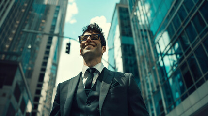 Fototapeta premium A young businessman with glasses smiles standing in the middle of tall buildings