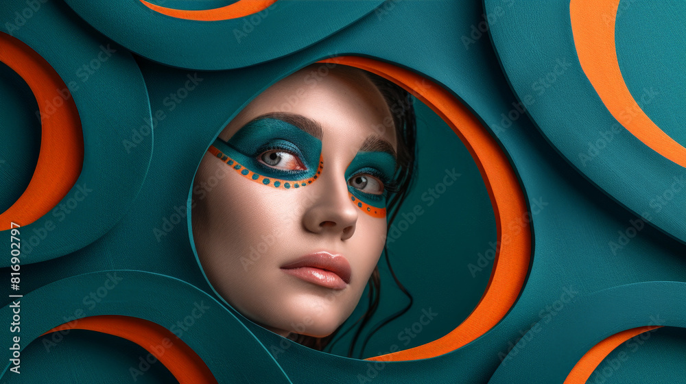 Aufkleber a womans face is visible through a perfectly round hole in a vibrant blue and orange background. her