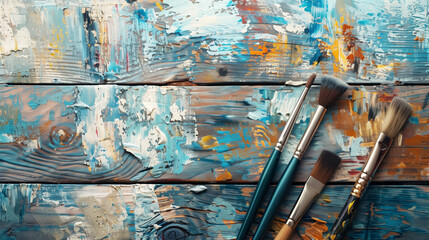 Colorful abstract painting on wooden boards with four paintbrushes. The brushes and surface exhibit...