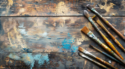 A set of various paintbrushes lying on a rustic wooden surface with colorful paint splatters and brush strokes, creating an artistic and creative atmosphere. - Powered by Adobe