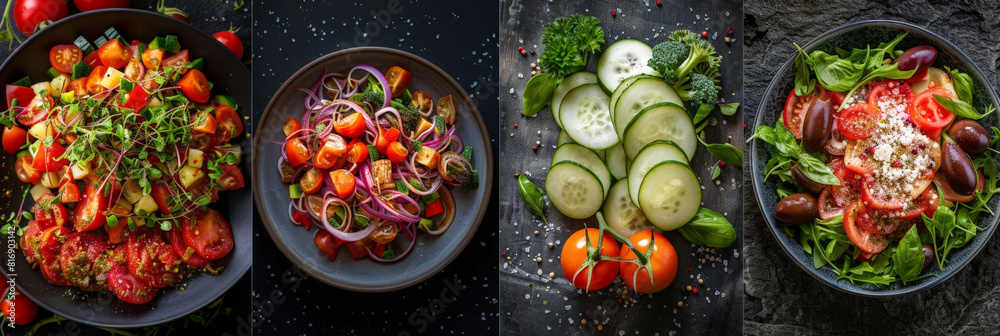 Poster four colorful and vibrant salads are showcased on a sleek black background. each salad features a un