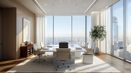 Fototapeta premium Modern office interior with floor-to-ceiling windows and a view of the city