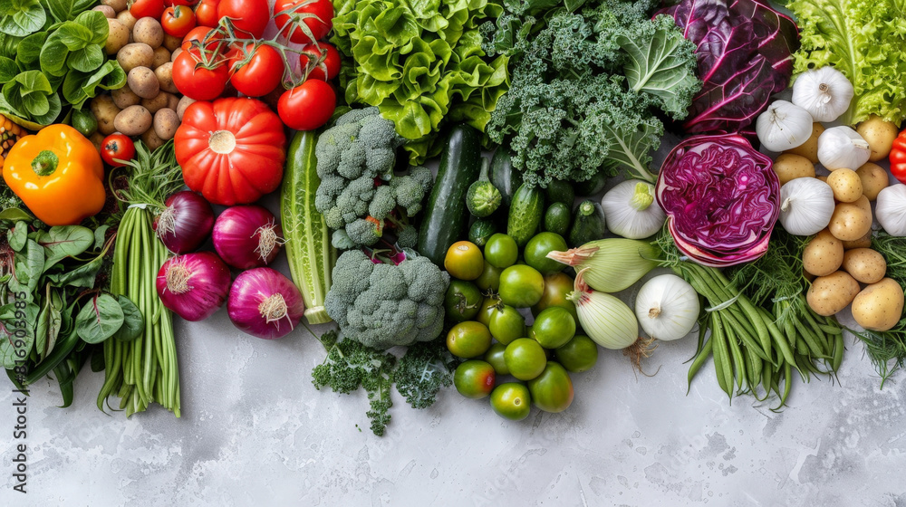 Poster a variety of fresh and colorful vegetables neatly arranged on a white surface