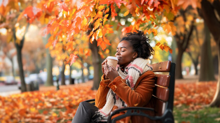 Attractive, professional, black woman enjoying a hot beverage outdoors in a park during autumn, wearing stylish fall clothes